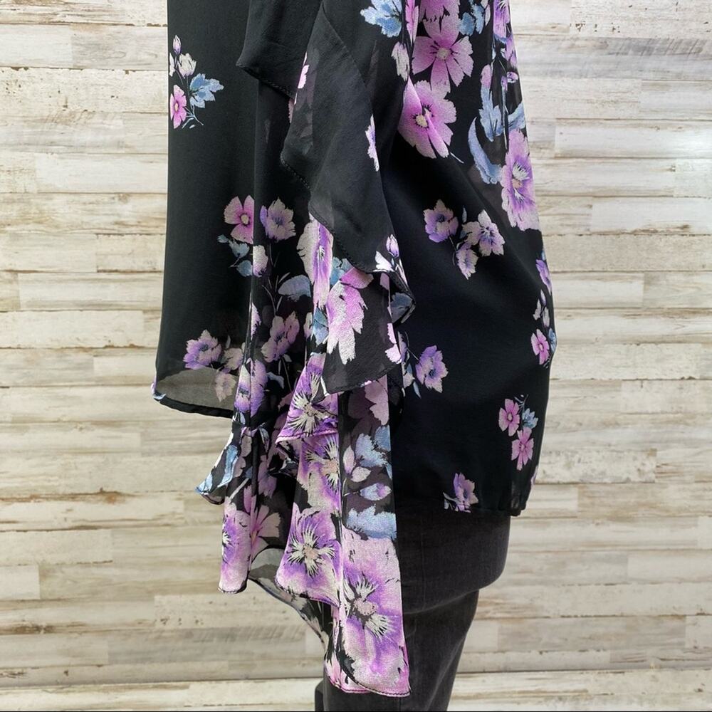 Nanette Lepore Zen Silk Floral Blouse Womens Size S Purple Black Bell Sleeve - Picture 8 of 16